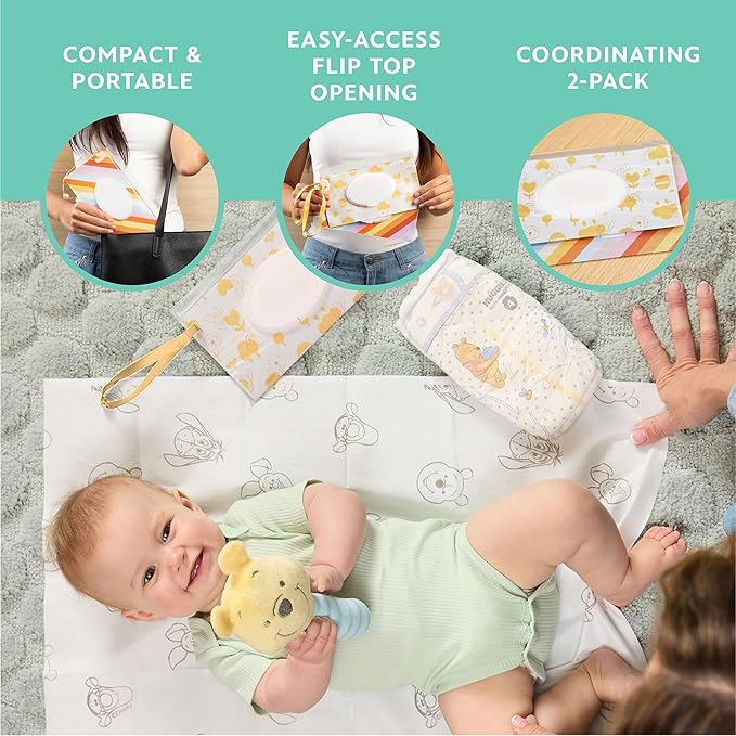 Disney Baby by J.L. Childress Reusable Wet Wipes Case Pouch - Refillable Baby Wipes Dispenser, Travel Essential for On the Go, Portable Holder with Wrist Strap - Winnie the Pooh, 2 Pack