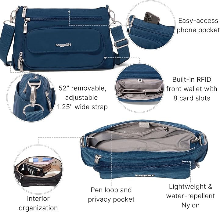 Baggallini Original Everyday 11x7.5 Crossbody Bags Rfid Protected Lightweight Nylon Zippered Travel Purse