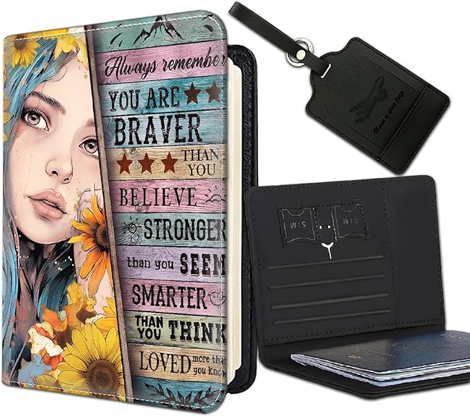 Passport Holder Women Wallet with Luggage Tag, Leather Passport Cover with RFID Blocking, Travel Accessories Multi Card Slot Passport Case for Men，Sunflower Girl Inspirational Quotes