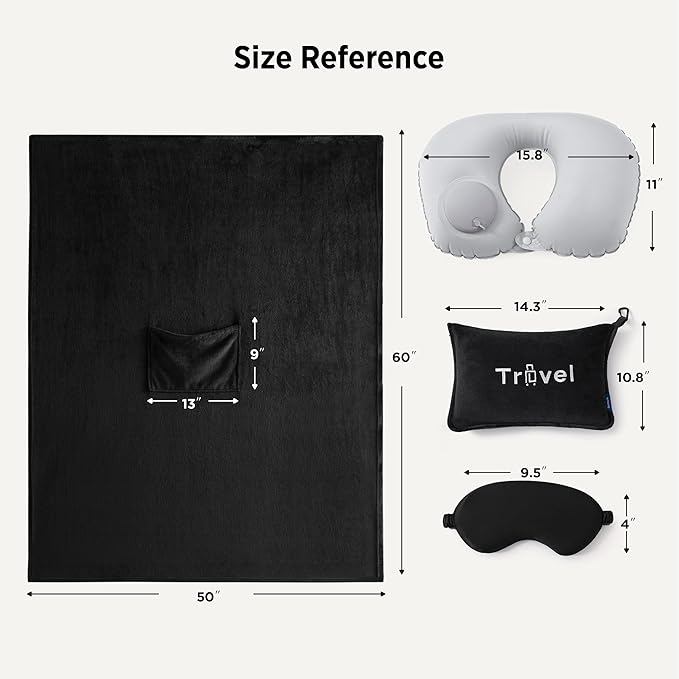Bedsure Travel Blanket and Pillow Set with Inflatable Neck Pillows, Eye Mask and Storage Bag, Lightweight 3-in-1 Airplane Packable Blanket, Compact Travel Essentials, Black