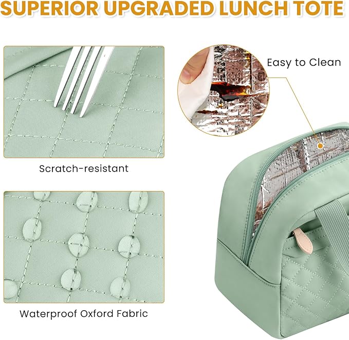 Insulated Lunch Bag for Women, Portable Lightweight Lunch Box for Adults, Reusable Small Lunch Tote Cooler Bags with Front Zipper Pocket for Work School Picnic(Green)