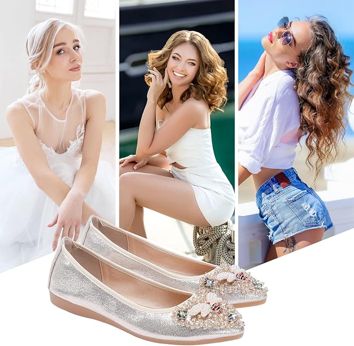 KUNWFNIX Women Ballet Flats Rhinestone Wedding Ballerina Shoes Foldable Sparkly Comfort Slip on Flat Shoes
