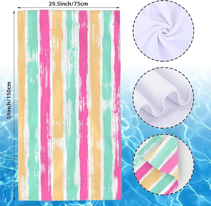 Microfiber Beach Towels,Watercolor Bohemian Yellow Green Pink Stripes Oversized Absorbent Bath Towels,Soft Quick Dry Thin Camping Towel for Adults Women Men,29.5"×59"