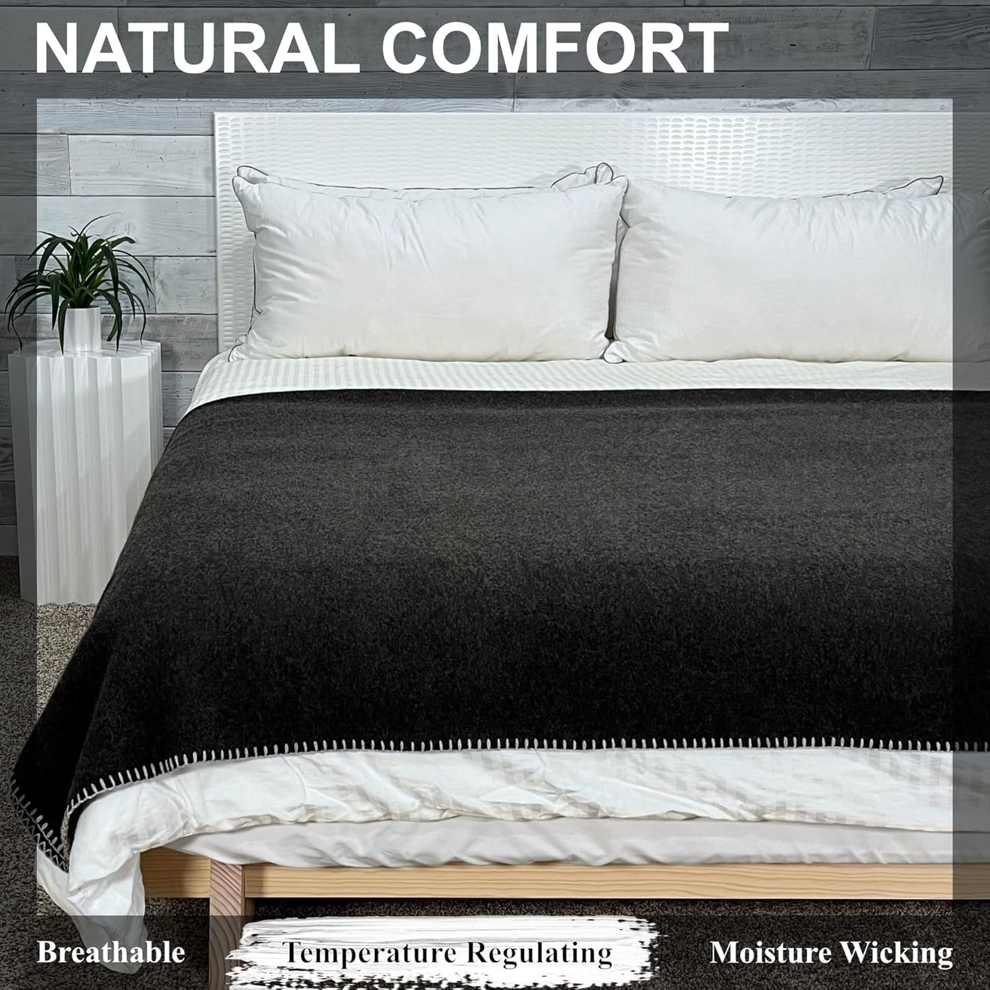 EKTOS 100% Virgin Wool Blanket, 90" x 90", 100 Percent Woolen, Washable Pure Wool (Charcoal, Queen Size)