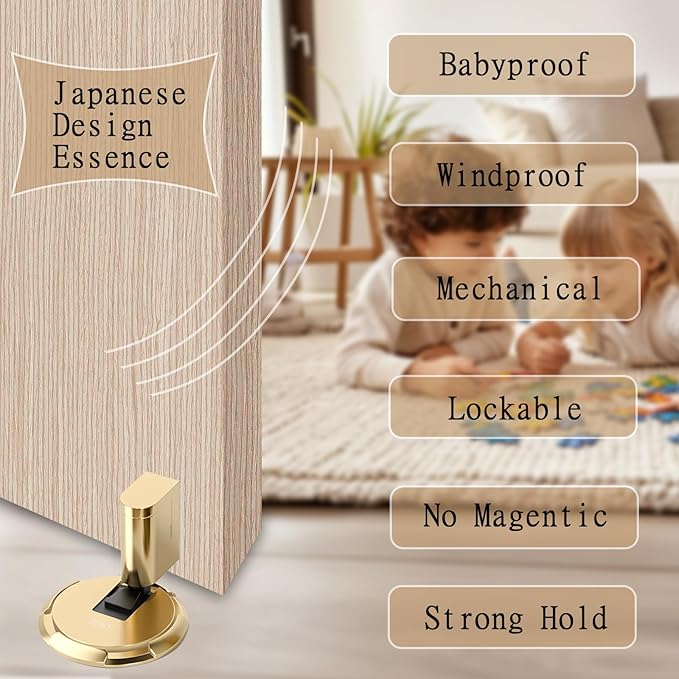 UBVIF No Magnetic Door Stopper, Adjustable, Mechanical Doorstop, Windproof Door Stop for Indoor, No Nails/Screws Needed,Heavy Duty Door Holder,Keep Door Open (1, Bright Gold)