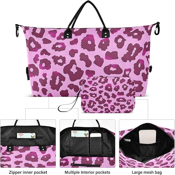 Travel Duffle Bag, Leopard Rose Purple Pink Pattern Gym Bag with Storage Bag Weekender Overnight Bag for Men Women Trip Sports Yoga