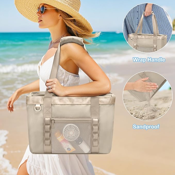 Yarwo Beach Bag for Women, Sandproof Swim Tote Bag with Cooler Compartment and Wet & Dry Pockets for Pool Cruise Vacation