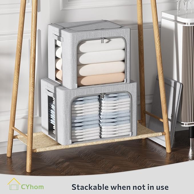 CYhom 2Pack Extra Large Clothes Storage Bins Box - Linen Fabric Foldable Stackable Container Organizer Set with Clear Window & Carry Handles & Metal Frame (Light Grey, Extra Large-100L)