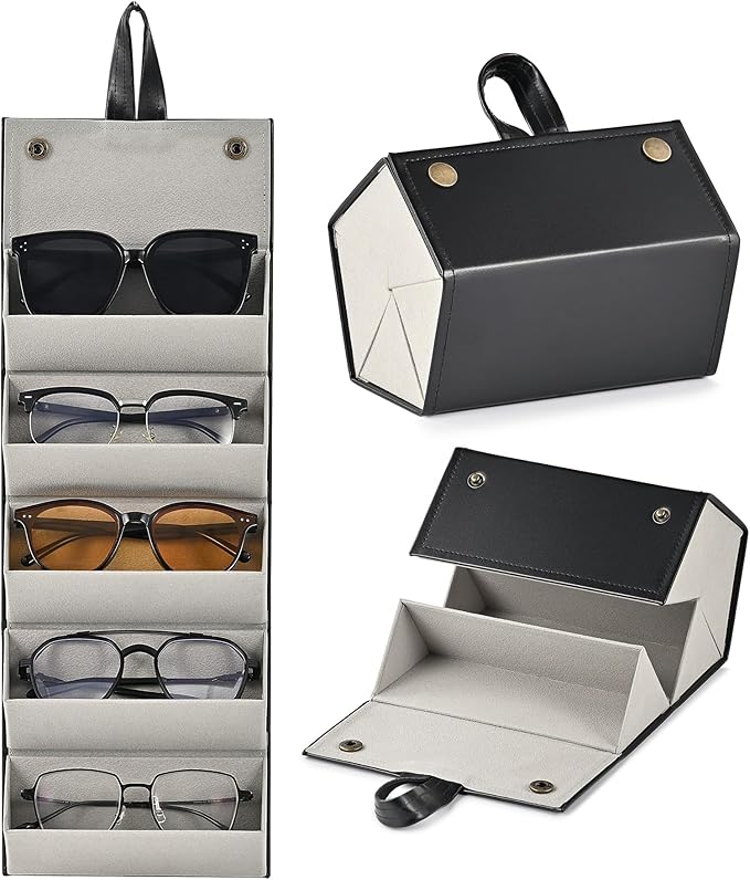 CO-Z Travel Sunglasses Organizer, Foldable Travel Sunglass Case with 5 Slots for Multiple Pairs, Portable Eyeglasses Holder