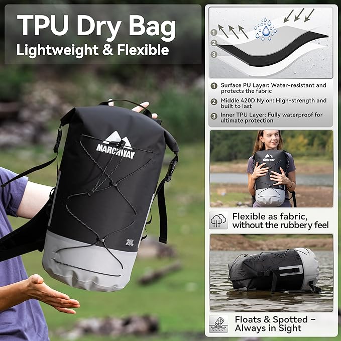 MARCHWAY Floating Roll Top Dry Bag, Flexible Lightweight TPU Waterproof Backpack 20L/30L/40L with Padded Straps for Boating, Kayaking, Swimming, Hiking, Beach (Black, 30L)