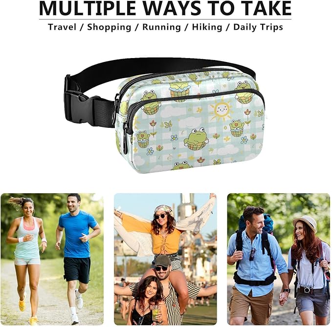 Kawaii Frog Flower Plaid Fanny Pack for Women Men Water Resistant Fashion Waist Packs with Adjustable Strap Belt Bag for Travel Workout Jogging Hiking 21219491
