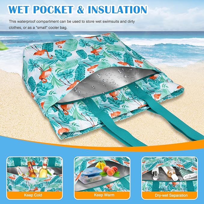 HUANLANG Large Beach Bags for Women Pool Bag with Zipper, Waterproof Sandproof Beach Tote Travel Bag with Wet Pocket | Waterproof, Large capacity, Dry/wet separation, Cooling function, Durable fabric, sandproof