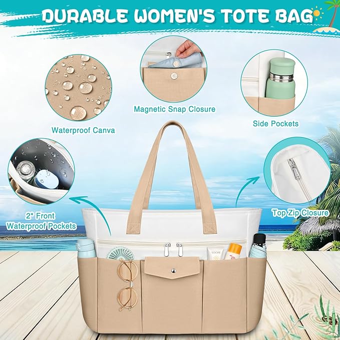 Beach Bags for Women Large Canvas Beach Tote with Zipper Wet Pocket, Waterproof Foldable Swim Pool Travel Tote Bags