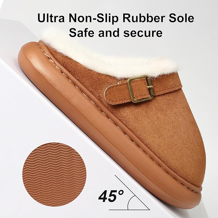 Close Toe Slip On Cotton Slippers with Breathable Faux Fur Memory Foam House Slippers for Women Warm Fuzzy Indoor Slippers with Non-Slip Rubber Sole