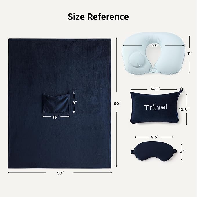 Bedsure Travel Blanket and Pillow Set with Inflatable Neck Pillows, Eye Mask and Storage Bag, Lightweight 3-in-1 Airplane Packable Blanket, Compact Travel Essentials, Navy
