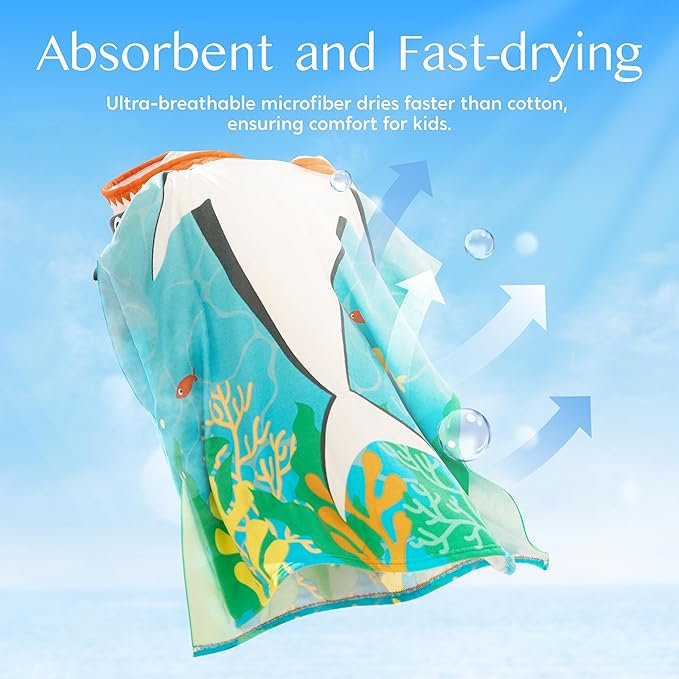 Joiedomi Kids Beach Towels with Hood for 3-10 Years Boys Girls Shark Hooded Toddler Bath Towel Poncho Absorbent Quick Dry Soft Microfiber Swim Robe with Backpack Lightweight 30"x30" for Beach Pool