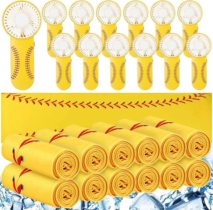 24 Pcs Sport Gifts, Includes 12 Pcs Cooling Towels 40"x12" Workout Towels, 12 Portable Fan Mini Handheld Fan for Team Gift Sport Party Favors, Battery Not Include(Yellow,Softball)
