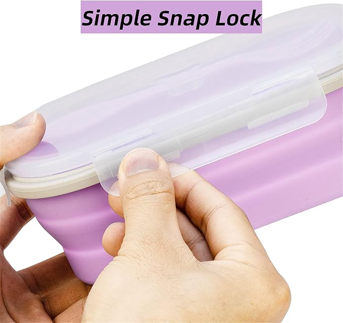 Collapsible Silicone Lunch Box with Lid and Spork, Leakproof Foldable Bento Box for Meal Prep, Travel, Camping, Microwave and Dishwasher Safe, 8.1 x 5.1 x 2.8 inches, Purple