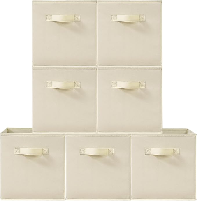 11 Inch Fabric Storage Cubes, Sturdy Foldable Storage Bins, Heavy Duty Cube Organizer for Clothes, Blankets, Shelves, Closets, Bedroom, Living Room, Beige, 7 Pack