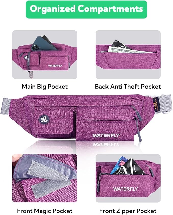 WATERFLY Fanny Pack for Women Men Water Resistant Small Waist Pouch Slim Belt Bag with 4 Pockets for Running Travelling Hiking Walking Lightweight Crossbody Chest Bag Fit All Phones