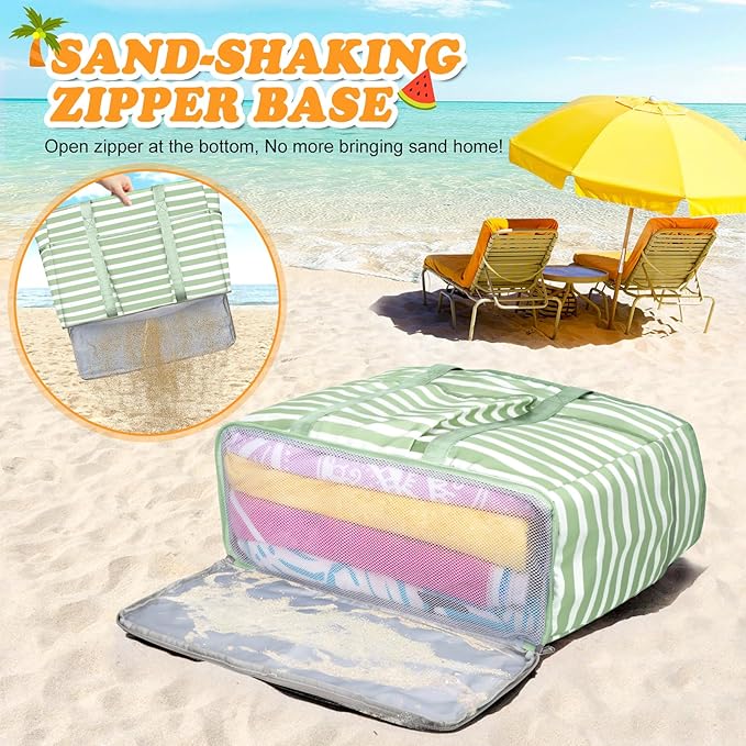 Large Beach Bag with Zipper, 12 Pockets Waterproof Sandproof Pool Bag Womens Mesh Beach Tote Bag for Travel Vacation