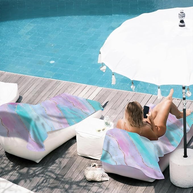 Microfiber Beach Towels,Watercolor Pink Blue Marble with Golden Stripe Oversized Absorbent Bath Towels,Soft Quick Dry Thin Camping Towel for Adults Women Men,29.5"×59"
