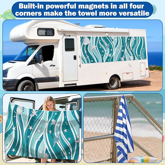 2 Pack Magnetic Beach Towel- 75"x30" Stripe Wave Sand Free Quick Dry Microfiber Towel with Built-in Magnets Lightweight for Beach Chair Car Door Pool Travel Camping Yoga with Storage Bag