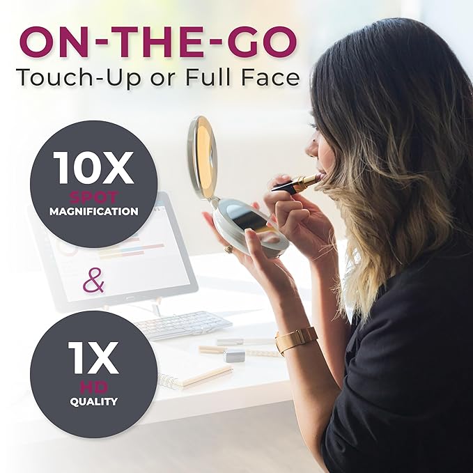 Zadro Compact Travel Makeup Mirror with Lights, 10X/1X Dual Magnification, LED Lighted Folding Design, Battery Operated Portable Mirror for Purse, Desk, or Travel Use (Peach)