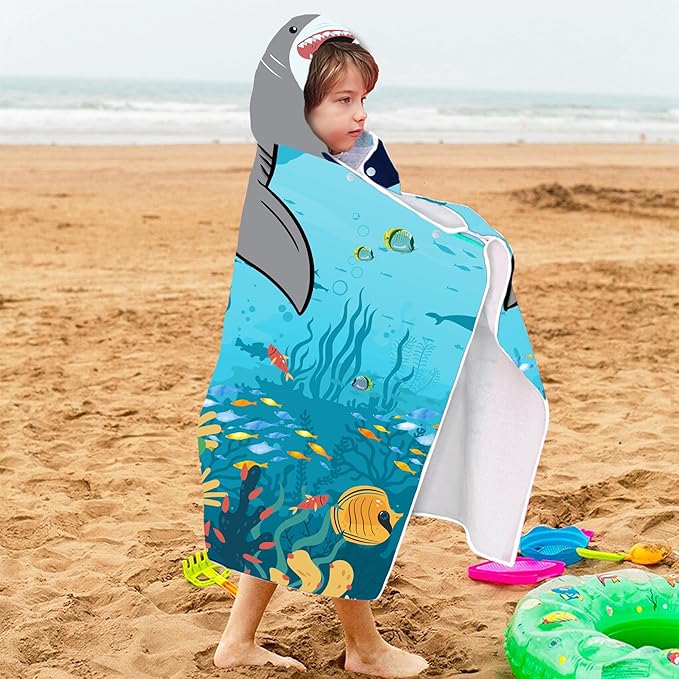 Shark Hooded Beach Towel for Boys, Soft & Absorbent Shark Poncho Towel for Kids, Cool Ocean Animal Design, 30”x50” Blue Shark Hooded Bathrobe for Pool, Swim, and Bath Time