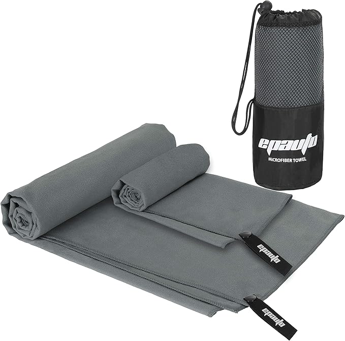 EPAuto Microfiber Fast Drying Towels 2-Pack (60" x 30", 24" x 15") for Travel, Gym, Camping, Beach and Backpacking, Gray