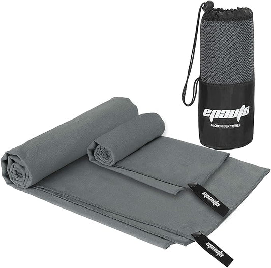 EPAuto Microfiber Fast Drying Towels 2-Pack (60" x 30", 24" x 15") for Travel, Gym, Camping, Beach and Backpacking, Gray