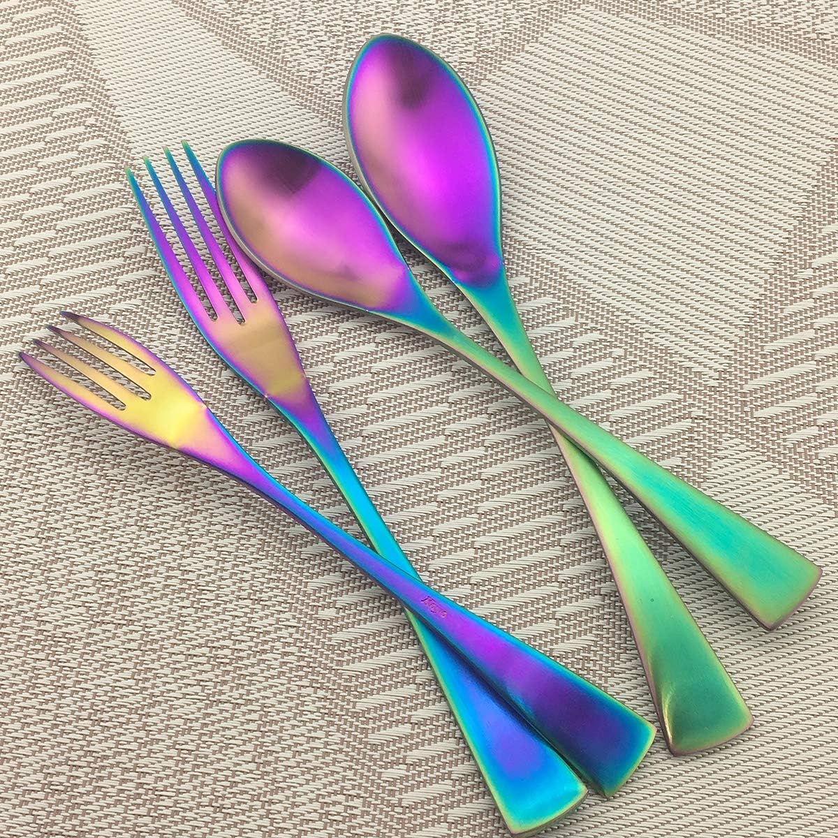 Rainbow Silverware Set, 6-Piece Stainless Steel Flatware Set Service for 1, Tableware Cutlery Set for Home and Restaurant, Knives Forks Spoons, Matte Finish, Dishwasher Safe (Rainbow)