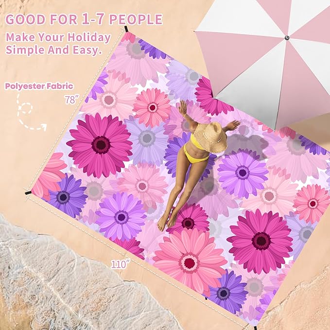 BYDOLL Beach Blanket Waterproof Sandproof 78''×110'' Suits1-7 Adults Compact Lightweight Oversized Sand-Free Blanket Large Picnic Mat for Beach Travel Camping Hiking