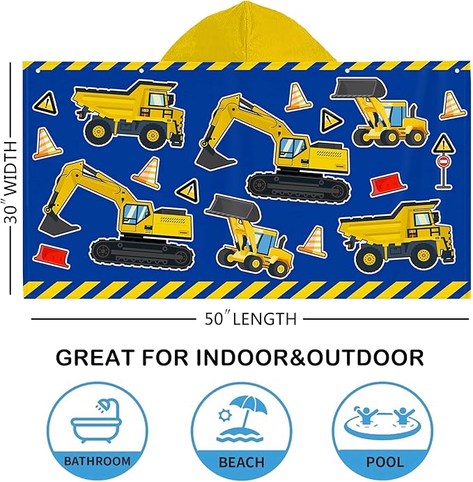 Kids Beach Towel With Hood - Excavators Vehicles Engineering Theme for Boys Girls, Microfiber Soft Bath Poncho Bathrobe Wrap Robe for Swim Pool - Cool Children's Gift
