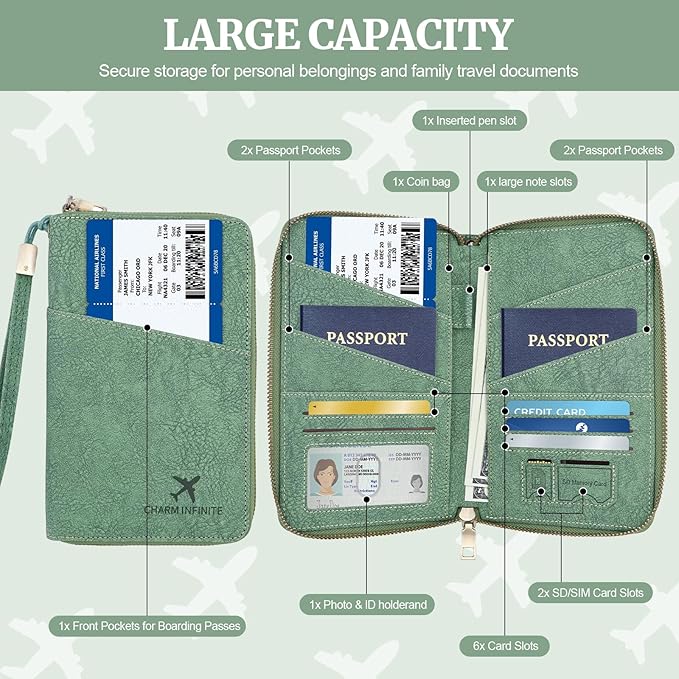 Family Passport Holder Wallet with Zipper, RFID Blocking Travel Document Organizer for Women Men, Portable Case Cover for Cards, Boarding Pass, ID, Money, Tickets with Wrist/Neck Strap