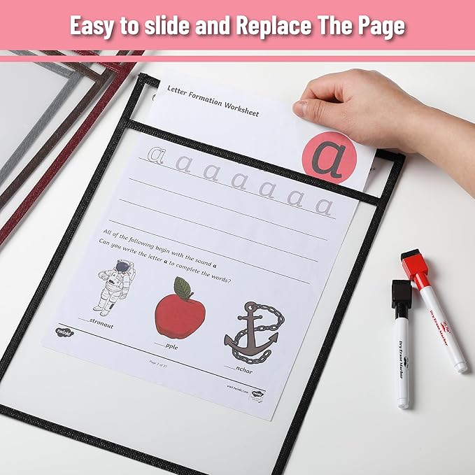 Mr. Pen- Dry Erase Pocket Sleeves, 6 Pack, 10"x14", Sleek Dark Color Theme, Dry Erase Pockets Reusable Sleeves, Job Ticket Holders with Marker Holder & Metal Eyelet