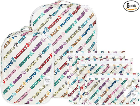 Bumkins Disney Packing Cubes and TSA Approved Pouches for Travel Bag, Organize Luggage with Compression Bags, Essential Traveling Accessories to Pack Clothes, Toiletries, 5-pc Mickey and Friends White