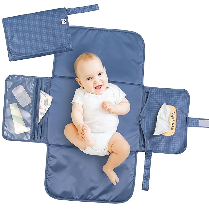 Tiny Twinkle Portable Diaper Changing Pad | Waterproof, Wipeable & Compact Baby Changing Pad for Travel | Smart Wipes Pocket & Organized Storage| Newborn Shower Gift (Grid)