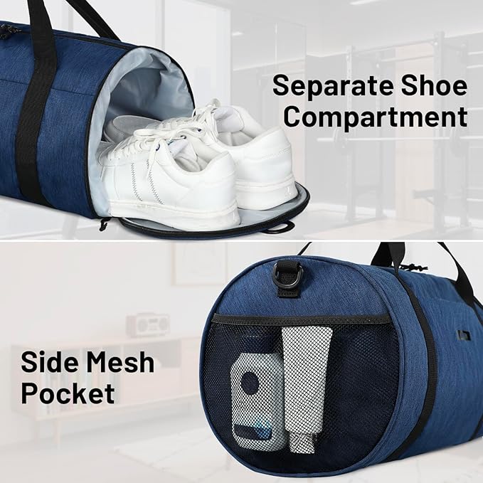 MIER Gym Bag Round Duffle Bag with Shoe Compartment & Wet Pocket, Lightweight Carry on Duffel for Men Women Workout Fitness Travel Sports, 24L, Navy