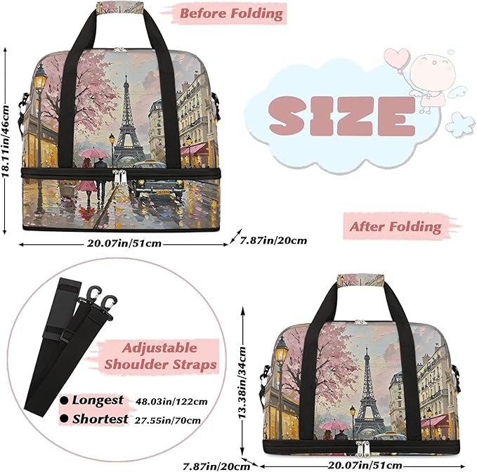 Foldable Travel Duffel Bag for Women - Carry on Personal Item Bag with Shoes Compartment, Weekender Overnight Duffle Bags Sport Tote Gym Luggage for Airplanes Traveling(Eiffel Tower)