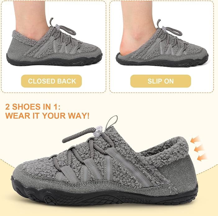relxfeet Women's Wide Width Slippers Cozy Furry Barefoot House Shoes with Adjustable Fit Non-Slip Indoor Outdoor Slippers for Diabetic Bunion Swollen Feet Friendly