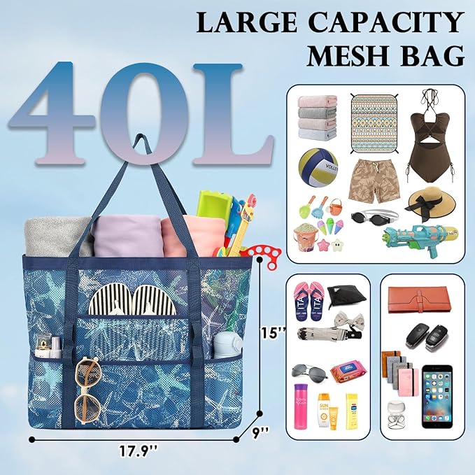 Mesh Beach Bag, Large Beach Tote with Zipper Pocket, Toys Pool Bag for Family Travel Vacation Cruise Essentials