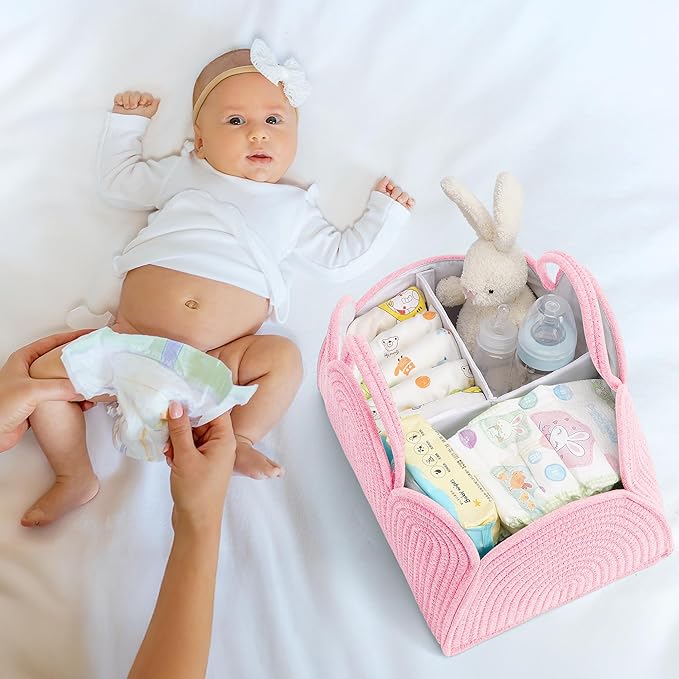 Diaper Basket Organizer - Cotton Pink Diaper Caddy Basket, Removable Diaper Storage Basket with Handle, Car Diaper Caddy, Boy & Girl Gift for Baby Shower and Registry Must-Pink
