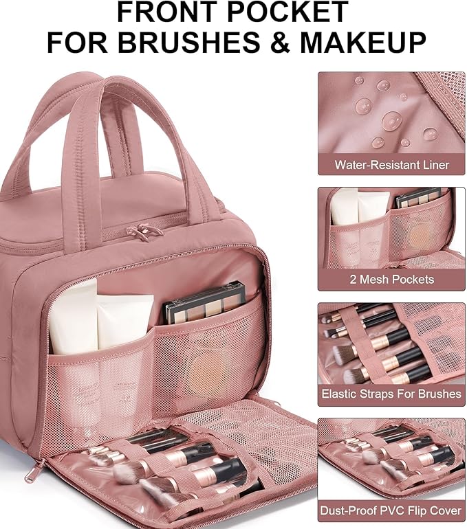 Travel Toiletry Bag for Women, Lightweight Large Quilted Puffy Makeup Bag Wide-open Make up Organizer Cloud Cosmetic Bag w/Handle for Traveling, Toiletries Essentials Accessories Dark Pink