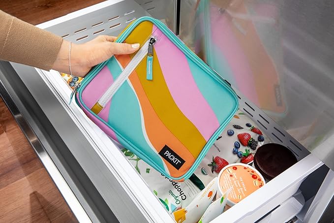 PackIt Freezable Classic Lunch Box, Retro Wave, Built with EcoFreeze Technology, Collapsible, Reusable, Zip Closure With Zip Front Pocket and Buckle Handle, Designed for Fresh Lunch On the Go