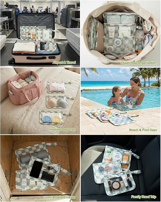babygoal Clear Travel Organizer Bags 3 Pack, TSA Approved Mess-Proof Pouches with Snap Handle, Water-Resistant Toiletry Essentials for Baby & Mom (Green Plaid)