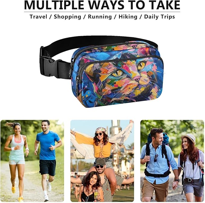 Colorful Cat Oil Painting Fanny Pack for Women Men Water Resistant Fashion Waist Packs with Adjustable Strap Belt Bag for Travel Workout Jogging Hiking 21220426
