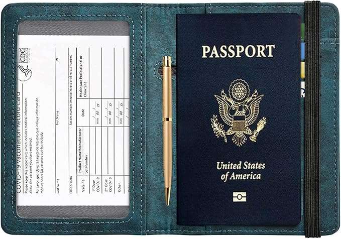 HerriaT Passport and Vaccine Card Holder Combo,Cover Case with CDC Vaccination Card Slot, Leather Travel Documents Organizer Protector, with RFID Blocking, for Women and Men