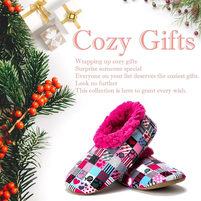 Soft Fuzzy Slippers for Women Indoor, Warm Furry House Sock Shoes Fluffy Lined, Bedroom Booties Non-Slip Gripper Soles, Winter Cozy Christmas Gifts