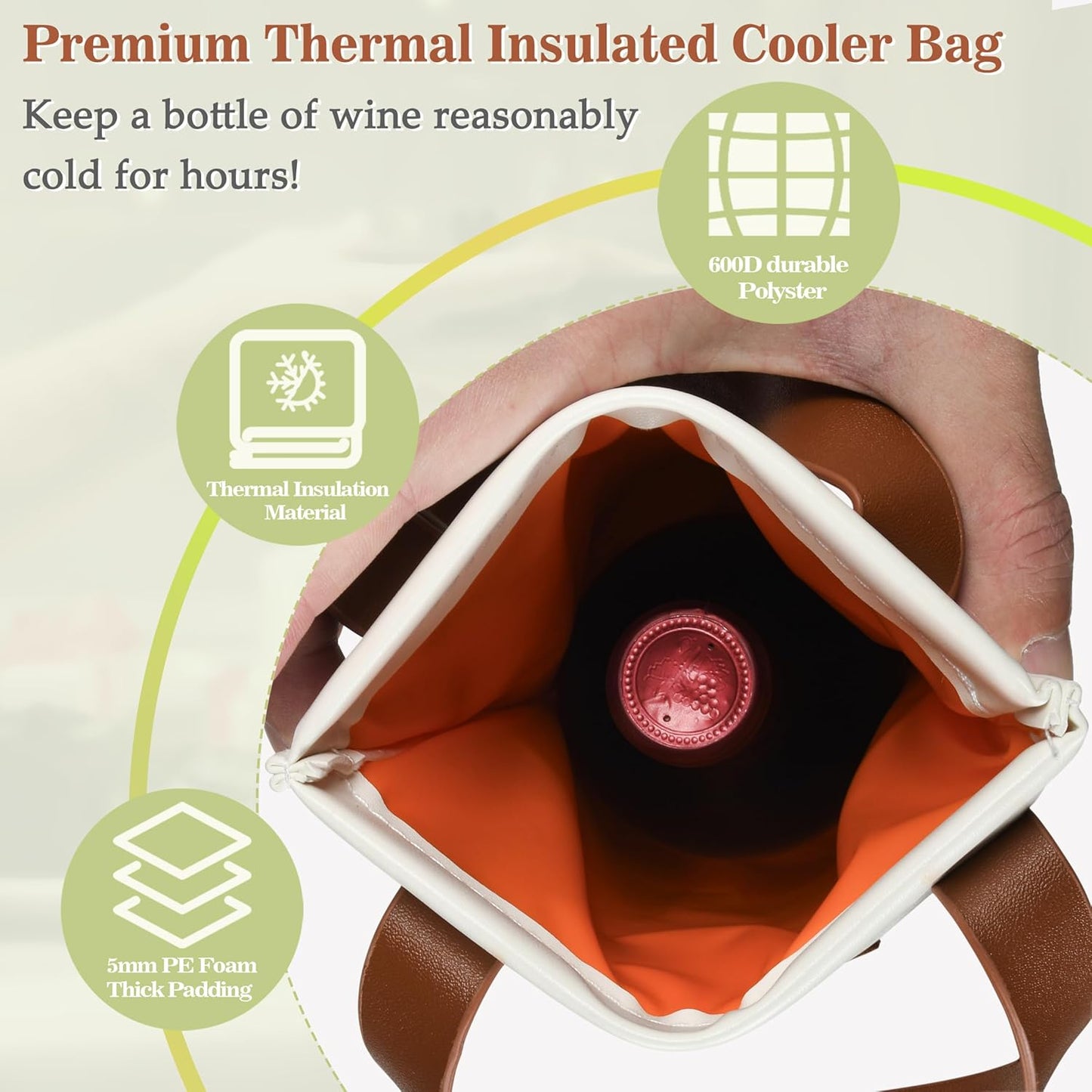 Tirrinia Single Wine Carrier Tote, Insulated Wine Cooler Bag for Travel, Picnic, & Wine Gifts – Thermal Padded Wine Bottle Holder Tote for Men & Women, Wine Gift for Wine Lovers,White Brown